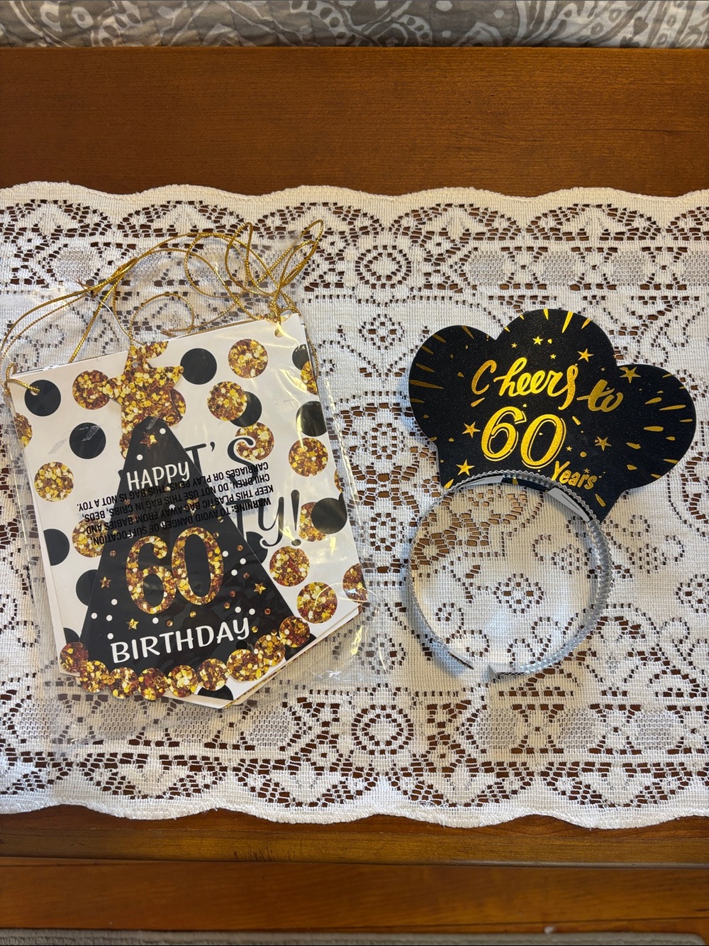 60th Birthday Party Banner and Headband/Hat Set - Gold and Black